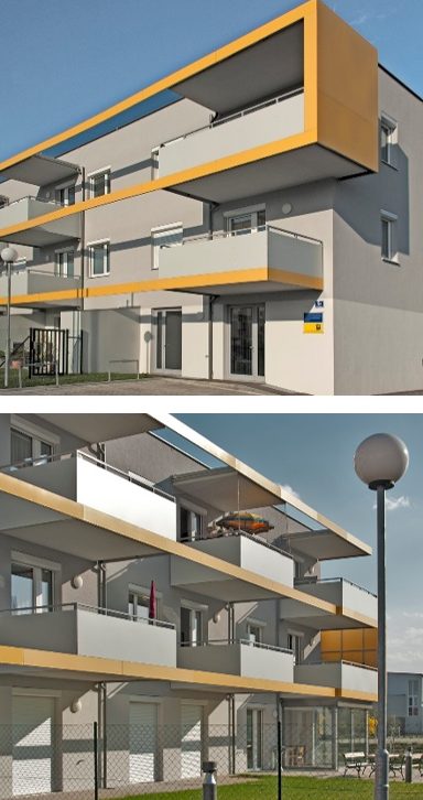 Referenz Ternitz Modernes Wohngebäude mit gelben Akzenten und mehreren Balkonen unter klarem Himmel.