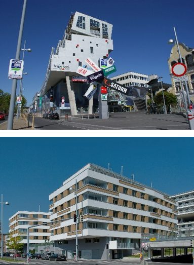 Referenzen "Riverside" Moderne Architektur mit Geschäften und Wohnungen unter blauem Himmel.