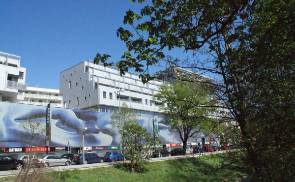 Straßenansicht mit modernen Gebäuden im Hintergrund und grüner Vegetation im Vordergrund bei klarem Himmel.