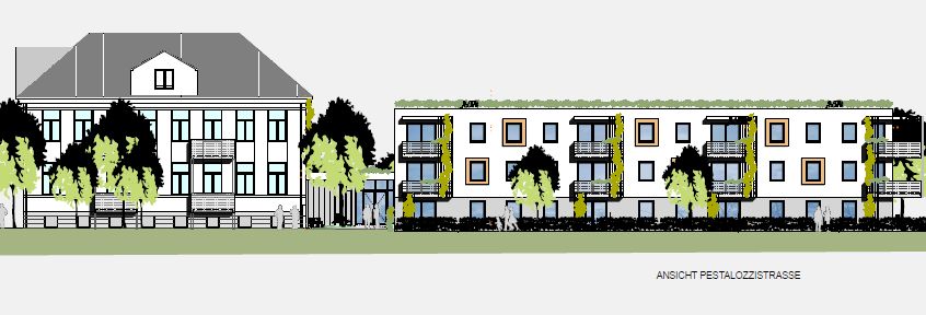 Architektonische Zeichnung von zwei Gebäuden mit Bäumen, Ansicht Pestalozzistraße.