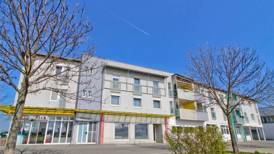 Modernes Gebäude mit blauer Fassade, Bäumen und klarem Himmel im Hintergrund.