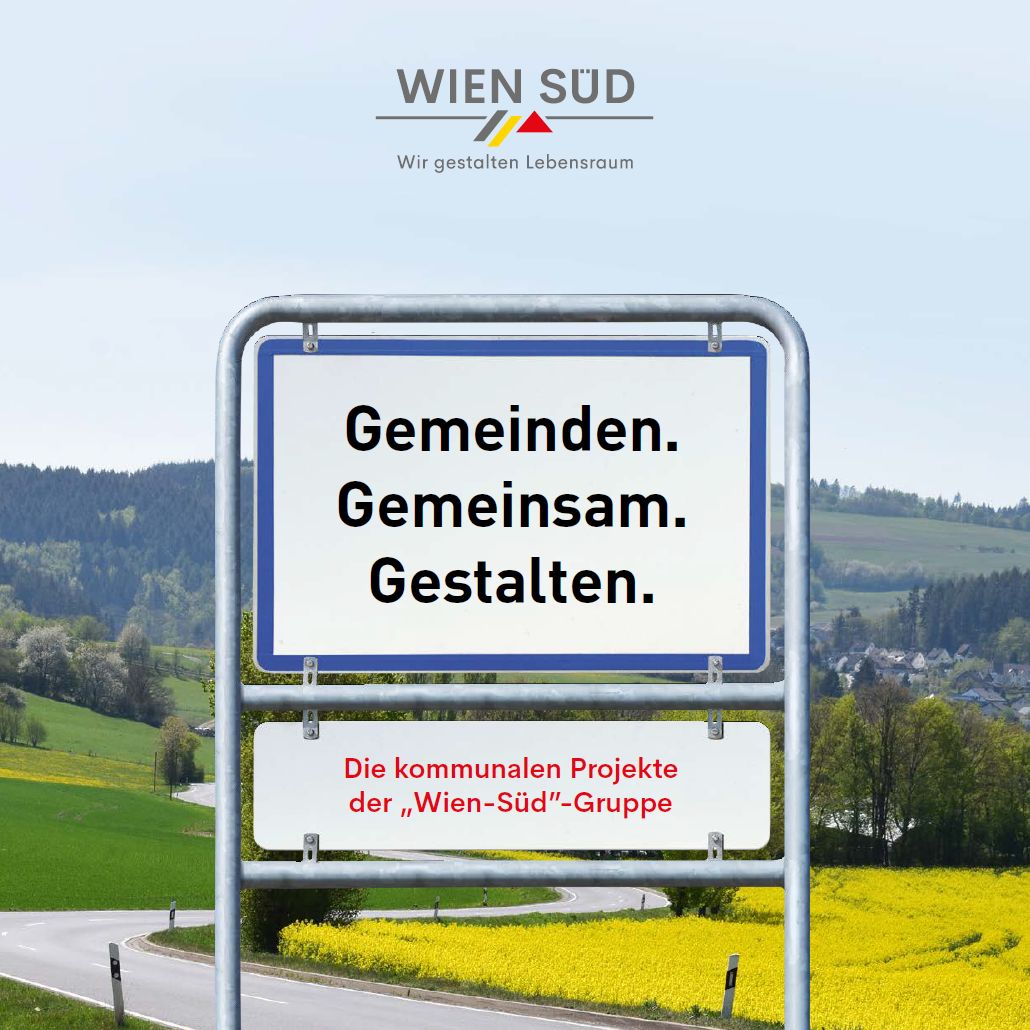 Verkehrsschild mit Text Gemeinden. Gemeinsam. Gestalten. und Landschaft im Hintergrund.