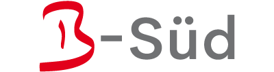 Logo mit rotem Symbol und dem Text B-Süd in Grau auf weißem Hintergrund.