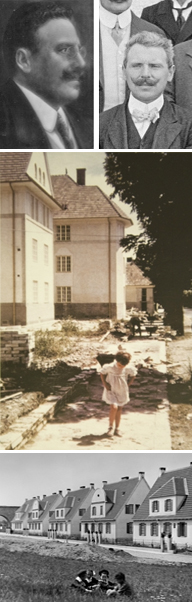 Historische Fotos von Personen und Gebäuden, darunter Kinder in einem Hof und eine Reihe von Häusern.