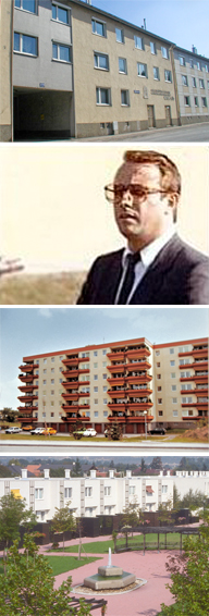 Verschiedene Wohngebäude und eine Person im Anzug vor urbanem Hintergrund.