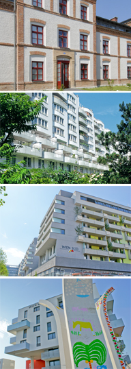 Verschiedene Wohngebäude in urbaner Umgebung bei sonnigem Wetter.