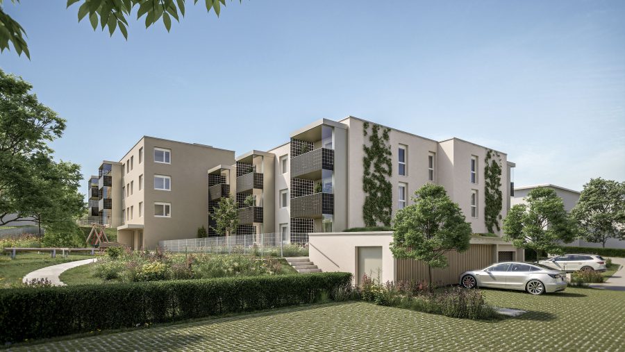 Moderne Wohnanlage mit Grünflächen und geparkten Autos an einem sonnigen Tag.