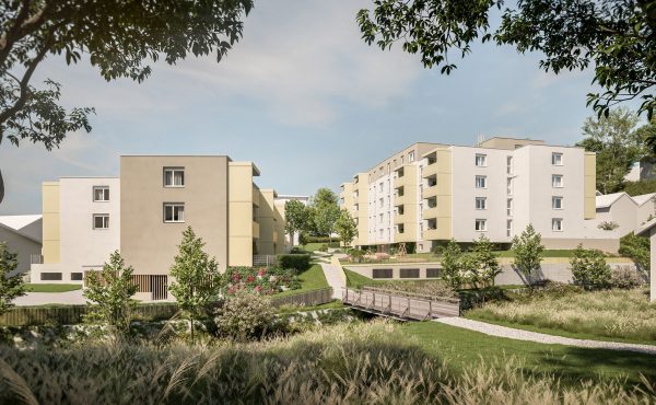 Moderne Wohnanlage mit Garten und Brücke, ideal für Wohnungssuchende in grüner Lage.