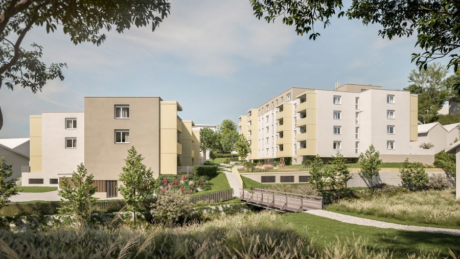 Moderne Wohnanlage mit Garten und Brücke, ideal für Wohnungssuchende in grüner Lage.