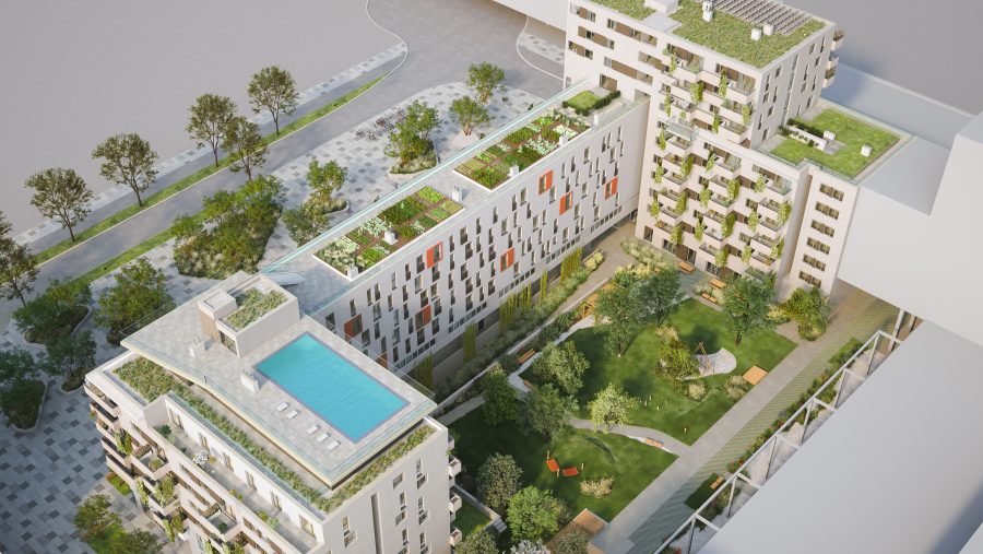 Moderne Wohnanlage mit begrünten Dächern und Pool, umgeben von Bäumen und Gartenbereichen aus der Vogelperspektive.