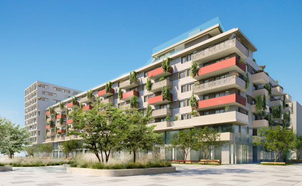 Moderne Wohnanlage mit Balkonen und Bäumen in einer städtischen Umgebung bei klarem Himmel.