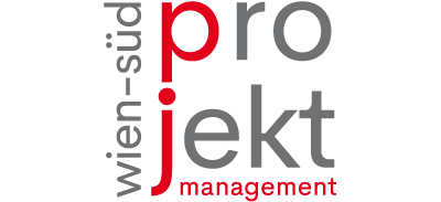 Projekt Management 400x400 NEU 2 Wien Süd Projektmanagement-Logo mit stilisiertem Text in Grau und Rot, modernes Design.
